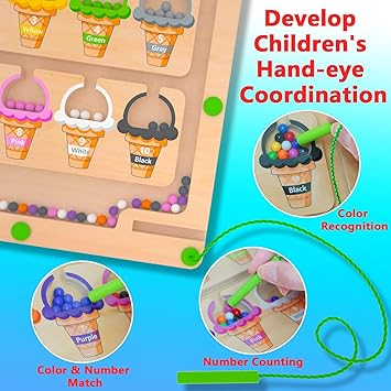 Magnetic Color & Number Maze - Montessori Wooden Color Matching Learning Counting Puzzle Board