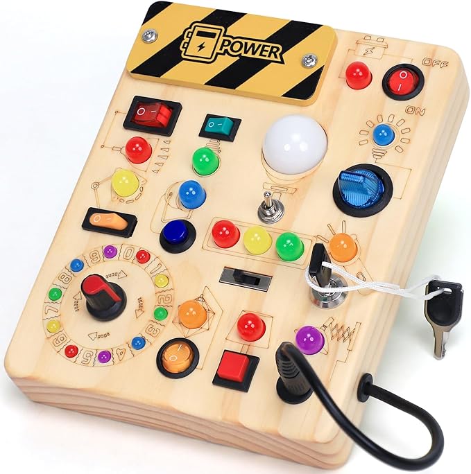 HarVow Busy Board with LED Light Switches, Montessori Toys for 1 2 3 Years Old, Toddlers Wooden Toy Sensory Activity Board, Travel Toys for 1+ Year Old Boy & Girl Birthday Gift