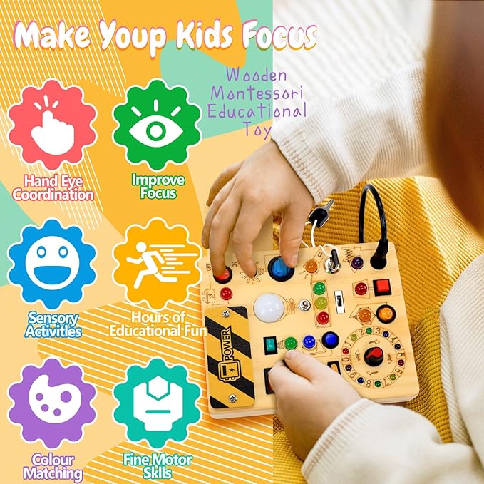 HarVow Busy Board with LED Light Switches, Montessori Toys for 1 2 3 Years Old, Toddlers Wooden Toy Sensory Activity Board, Travel Toys for 1+ Year Old Boy & Girl Birthday Gift