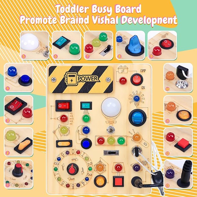 HarVow Busy Board with LED Light Switches, Montessori Toys for 1 2 3 Years Old, Toddlers Wooden Toy Sensory Activity Board, Travel Toys for 1+ Year Old Boy & Girl Birthday Gift